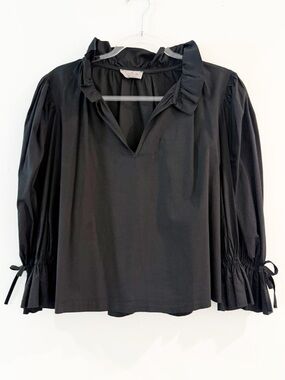 Sofia Luisa Ruffle-Collar Puff-Sleeve Black Blouse